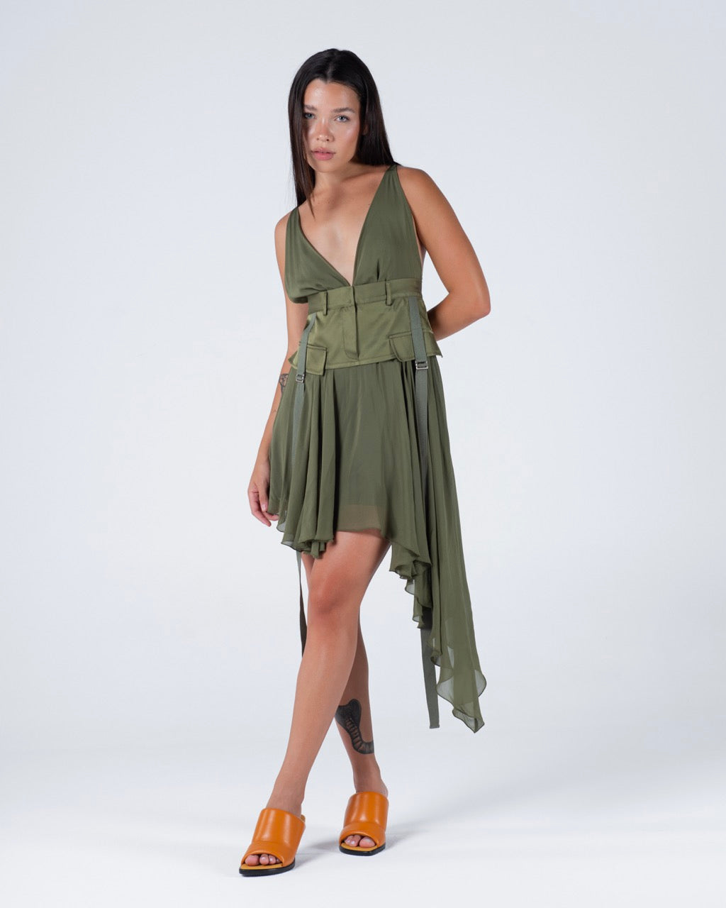 Asymmetrical olive dress